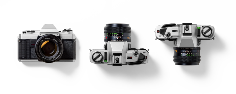 Top view of 35mm film camera, analog vintage classic retro style, isolated on a transparent background, PNG. High resolution.