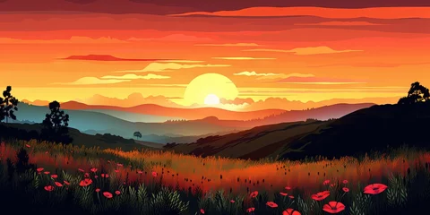 Foto op Canvas The sunset above a blooming meadow makes for a stunning landscape, Generative AI © Oleksii