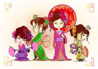 Beautifull japanese girls set stand and sit in kimono. Young Geisha with umbrella, japanese fans, old traditional kimono makeup maiko hair style shy vector illustration isolated