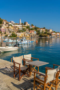 View of The Annunciation Church overlooking Symi Town, Symi Island, Dodecanese, Greek Islands