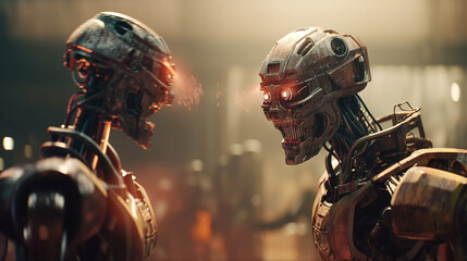 Fototapeta na wymiar Two futuristic robot screams each other. Generative Ai