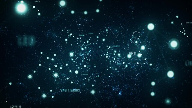 Journey Into Zodiac Signs Constellations/ 4k motion graphics of a background of twelve 3d zodiac astrological signs with their constellation of stars on starry night space