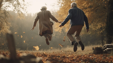 Back view of senior couple jumping outdoors. Generative Ai