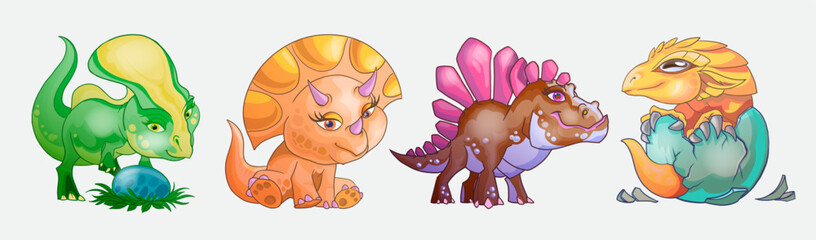 Cute little dinosaurs cartoon set. Playin with egg, stand, born from an egg. Can be used for print design greeting card used for print design, banner, poster, flyer template