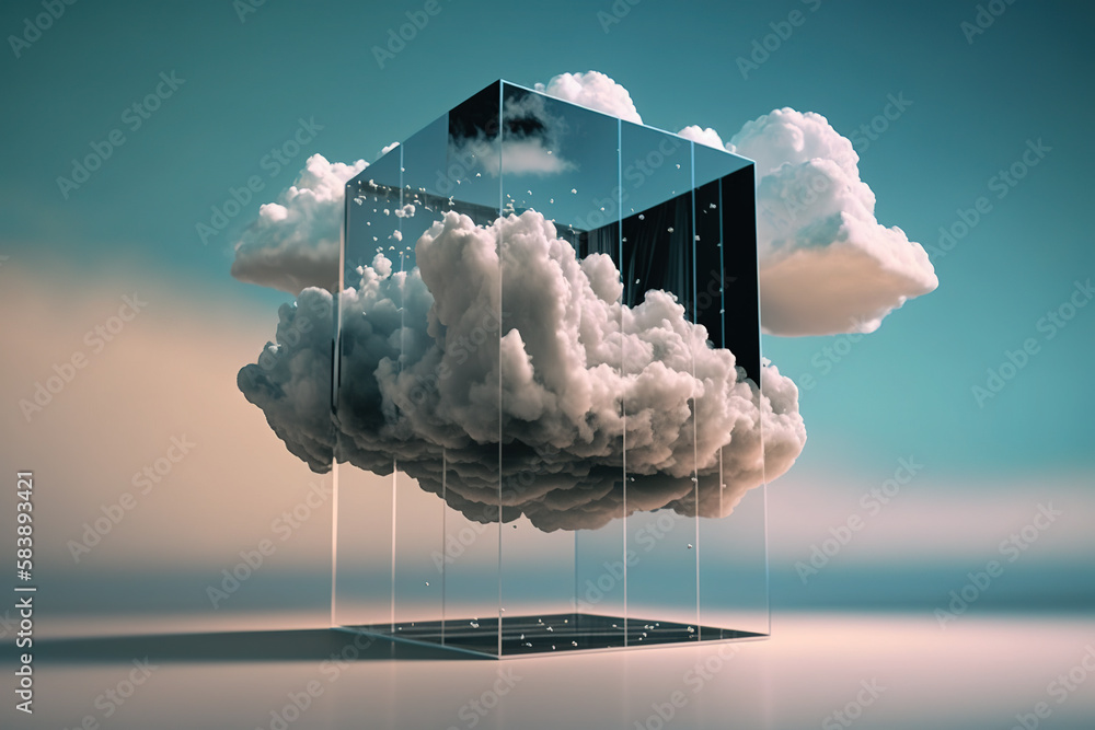 Poster transparent glass cloud server concept, futuristic digital cloud computing glass box created with ge