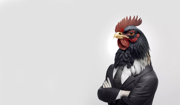 Rooster in a business suit on a white background. Banner. Generated AI