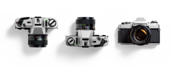Top view of 35mm film camera, analog vintage classic retro style, isolated on a transparent background, PNG. High resolution.