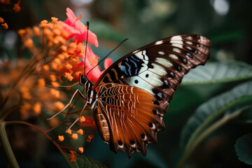 Fototapeta na wymiar A close-up of a vibrant and colorful butterfly perched on a flower in a lush garden - Generative AI