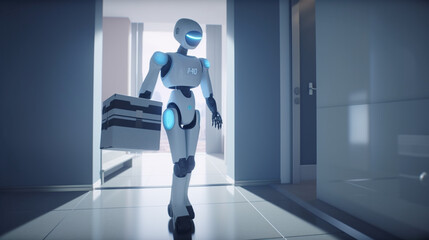 Delivery humanoid robot with a box. Generative Ai
