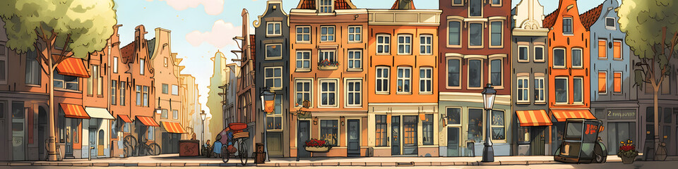 Fototapeta na wymiar Cartoon multicolor colorful historic buildings city town Amsterdam. Netherlands. Panorama Holland, boat embankment bicycle multi color street. Generative Ai.