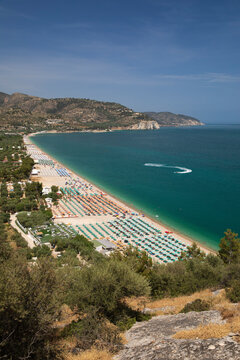 View looking north over the beach resort of Mattina with Gargano promontory in distance, Mattinata, Foggia Province, Puglia
