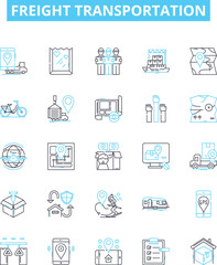 Freight transportation vector line icons set. Shipping, Logistics, Cargo, Trucks, Railways, Delivery, Containers illustration outline concept symbols and signs