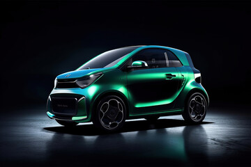 Plakat Small electric car, green color, 0 emissions. Shot in studio on green background.