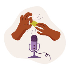 Concept for creating ASMR content. Hands holding a rustling piece of paper near a microphone. Recording pleasant sounds for a blog. 