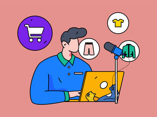 Festival shopping for e-commerce online shopping people holding flat arrow volume concept operation hand-drawn illustration
