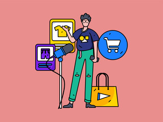 Festival shopping for e-commerce online shopping people holding flat arrow volume concept operation hand-drawn illustration

