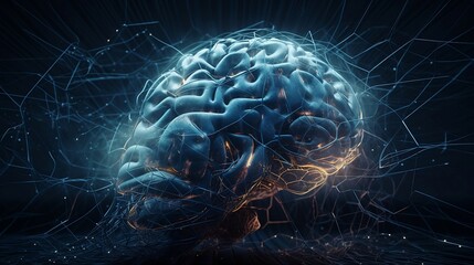 a virtual brain connected by dots and lines_Generated with Midjourney AI