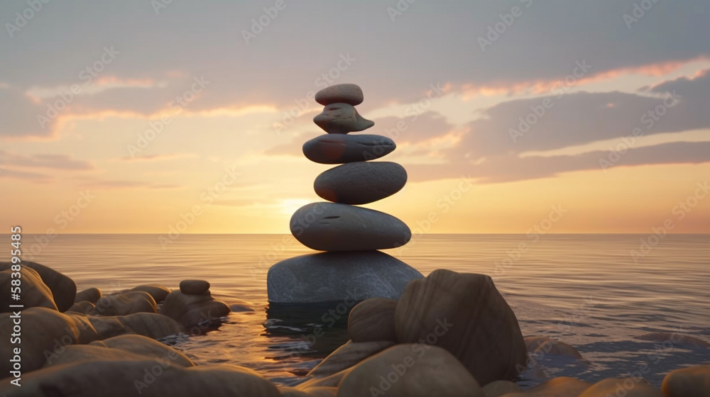 Wall mural stack of stones on the beach at sunset. stack of zen stones. generative ai