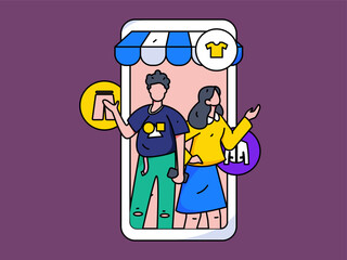 Festival shopping for e-commerce online shopping people holding flat arrow volume concept operation hand-drawn illustration
