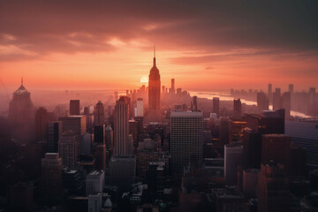 Fototapeta na wymiar A modern city skyline at sunset, with a beautiful orange and pink sky - Generative AI