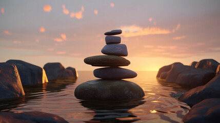 Stack of stones on the beach at sunset. Stack of zen stones. Generative Ai