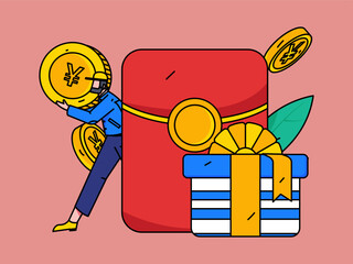 Festival shopping for e-commerce online shopping people holding flat arrow volume concept operation hand-drawn illustration
