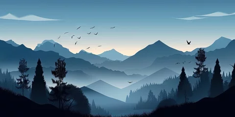 Poster The landscape features blue mountain silhouettes and vectors, Generative AI © Oleksii