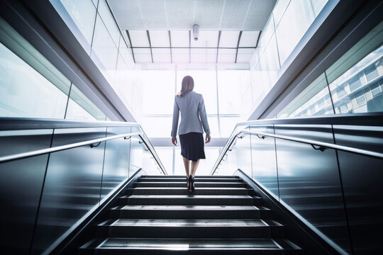 A business woman walking up a staircase in a modern office. female leadership. Generative ai