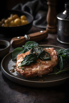 Saltimbocca. Veal schnitzel with sage and Parma ham. (Generative ai)