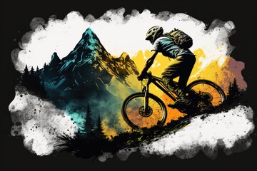 Illustration of cyclist riding a bike down a mountain. Side view, generative ai