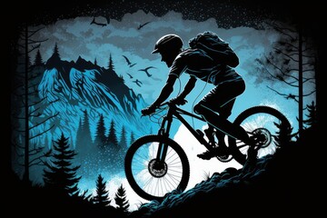 Illustration of cyclist riding a bike down a mountain at night. Side view, generative ai