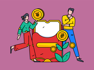 Festival shopping for e-commerce online shopping people holding flat arrow volume concept operation hand-drawn illustration
