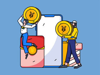 Festival shopping for e-commerce online shopping people holding flat arrow volume concept operation hand-drawn illustration
