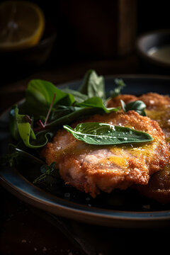 Saltimbocca. Veal schnitzel with sage and Parma ham. (Generative ai)