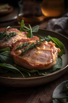 Saltimbocca. Veal schnitzel with sage and Parma ham. (Generative ai)