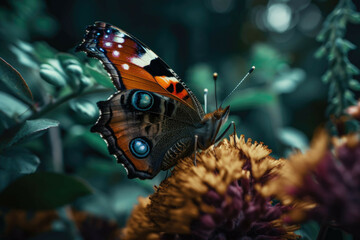 Fototapeta na wymiar A close-up of a colorful butterfly perched atop a flower in a lush, green garden - Generative AI