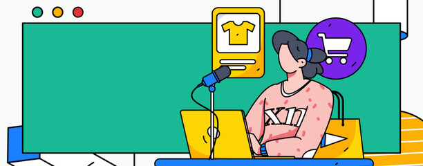 Festival shopping for e-commerce online shopping people holding flat arrow volume concept operation hand-drawn illustration
