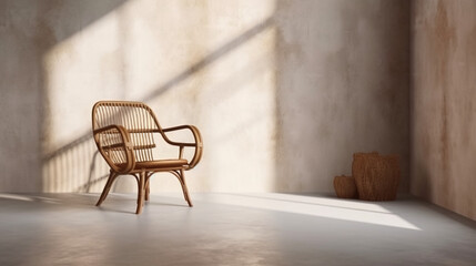 Fototapeta na wymiar 茶色の木製の籐の椅子とエレガントでレトロなデザイン、清潔で真っ白なセメントの壁、床の部屋、ロフトのインテリアデザインの装飾、家具製品の背景3D