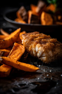 Fried pieces of cod loin, served with sweet potato fries. (ai generative)