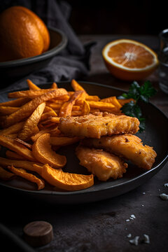 Fried pieces of cod loin, served with sweet potato fries. (ai generative)