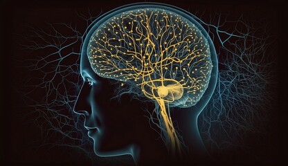 Human Head Brain with Neon Lights Neurons. Generative AI