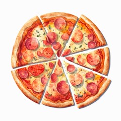 Pizza pepperoni isolated on white background. Watercolor food illustration. Generative AI.