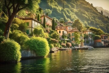 Fototapeta na wymiar Lake Como's Crystal-Clear Waters, Lush Greenery, Charming Villas, Quaint Towns, Generative AI