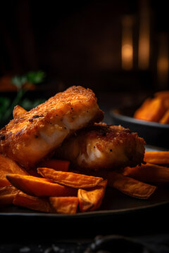 Fried pieces of cod loin, served with sweet potato fries. (ai generative)
