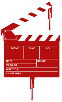 Silhouette of the Bloody Clapperboard Sign for Film or Movie Icon Symbol with Genre Horror, Thriller, Gore, Sadistic, Splatter, Slasher, Mystery, Scary or Halloween Poster Movie. Format PNG