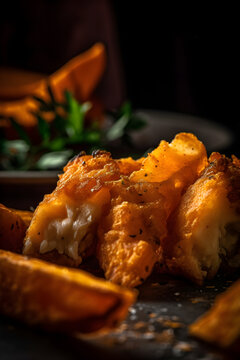 Fried pieces of cod loin, served with sweet potato fries. (ai generative)