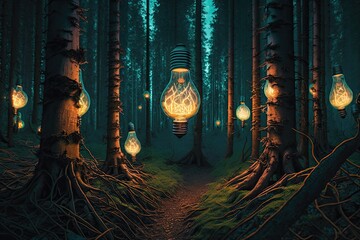 Big forest with lots of light bulbs. Concept. Generative AI