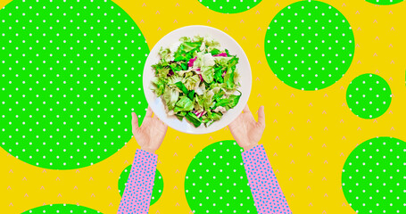 Contemporary digital collage art. Modern design. Hand holding salad plate. Vegan, bio, eco concept