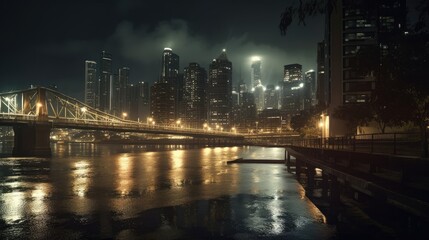 Fototapeta premium Long exposure photography city at night civilization with reflection in the water Generative AI Illustration