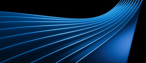 Blue abstract 3D object with many overlapping layers and flowing curves, lines or shapes on black background with copy space for text